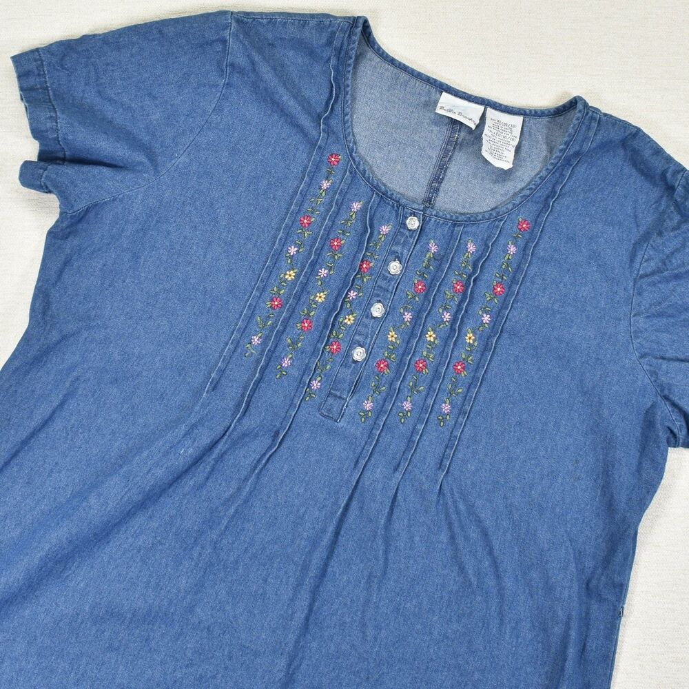 Bobbie Brooks Denim Dress Blue Embroidered Midi Short Sleeve Women XL Vintage